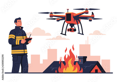 A firefighter remotely controls a fire-fighting drone over a burning building. A professional operator monitors the scene, showcasing emergency safety and aerial rescue.