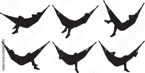 Schilderij op canvas Black Solid Hammock Sleeping Silhouettes Set of Six on White Background