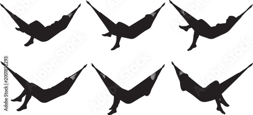 Foto Black Solid Hammock Sleeping Silhouettes Set of Six on White Background