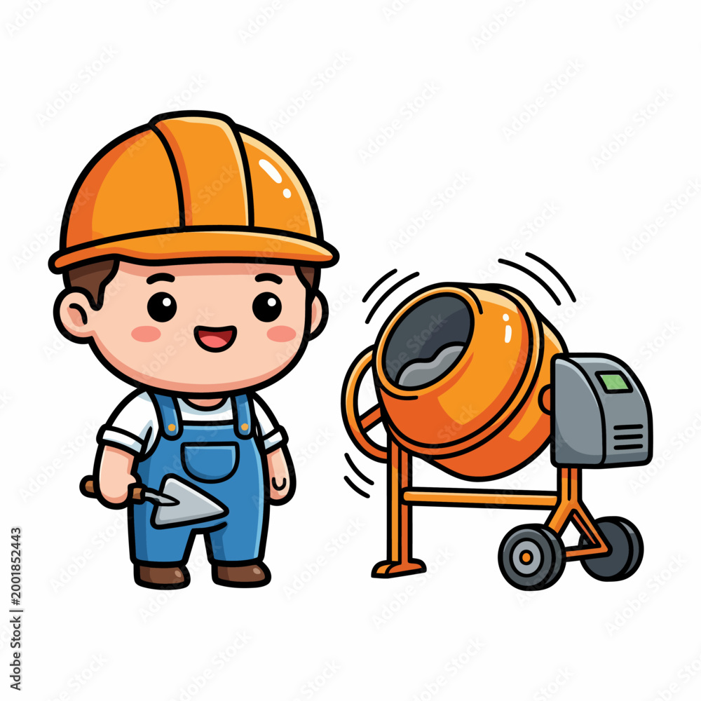 Fototapeta premium Cute cartoon construction worker in hard hat with cement mixer illustration, representing building and labor industry jobs