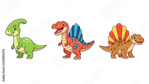 Cute Cartoon Dinosaurs Set: Friendly Parasaurolophus, Spinosaurus, and Dimetrodon Characters Isolated on White