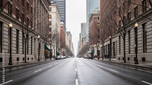 Empty city street with wet asphalt road and tall brick buildings on both sides under a cloudy sky during a cold and gloomy winter afternoon