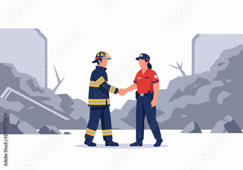 Firefighters and rescue personnel shake hands amidst a rubble-strewn disaster zone, symbolizing teamwork and cooperation. A strong visual for emergency services and partnership.