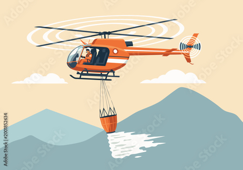 A helicopter drops a fire bucket onto a mountain wildfire. Dynamic aerial rescue action, showcasing firefighting efforts. Bright orange helicopter against a smoky backdrop.