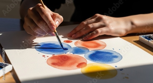 Hands painting colorful watercolor circles on a piece of paper with a brush