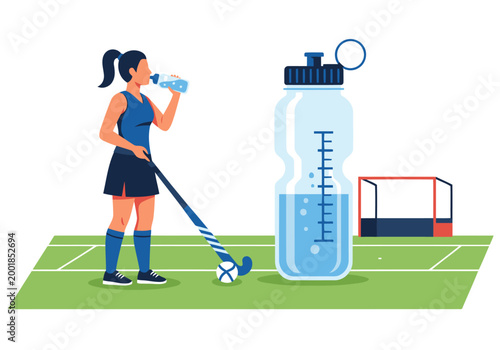 Female hockey player hydrates during practice on turf. Clear water bottle and hockey stick visible. Focus on hydration and athletic lifestyle. Modern, flat illustration.