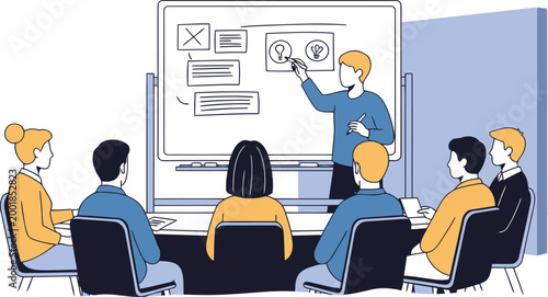 A man leads a brainstorming session using a whiteboard. Diverse team members collaborate, generating ideas. Modern office setting. Clear, engaging visual.