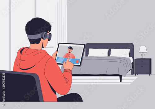 A young man participates in a remote debrief session via tablet, showcasing modern communication and virtual collaboration. Clean, minimalist bedroom setting.
