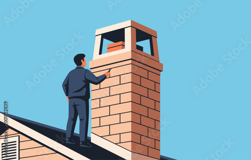 A man inspects a brick chimney exterior.  Clean, modern illustration with a rooftop backdrop.  Ideal for home safety and construction themes.