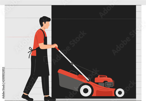 A man mows the lawn with a mower in front of a shed.  Clean, modern illustration. Perfect for garden shed or lawn care themes.