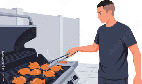A man grills protein meals at a modern station. Focus on the grilling process and healthy food. Clean, bright, and inviting composition.