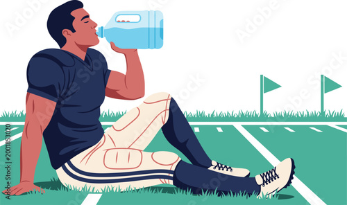 A muscular football player rehydrates on the sidelines after a game, drinking from a large water bottle.  Dynamic, refreshing image for sports and hydration campaigns.