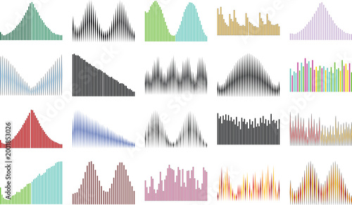 Minimalist data visualization set featuring 20 colorful area charts and wave graphs, modern flat vector collection of financial infographics and statistical diagrams. Abstract sound wave
