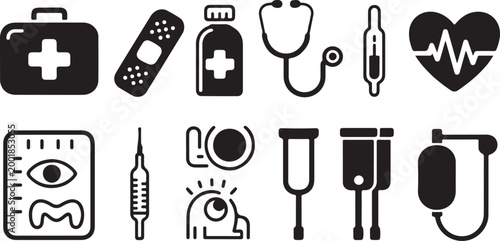 Set of black and white medical featuring a first aid kit, stethoscope, bandage, pill bottle, thermometer, heart rate monitor, eye chart, syringe, crutches, and intravenous drip bag