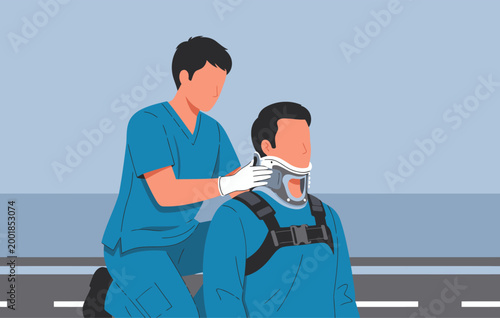 Paramedic assists a patient with a neck brace. Focused rescue medical scene, clear composition, professional setting. Ideal for healthcare visuals.