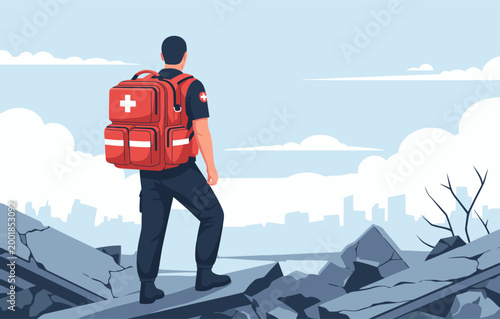 A paramedic carries a disaster relief bag, surveying a devastated cityscape. Dramatic, impactful scene with a focus on resilience and emergency response.