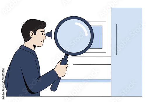 A professional man inspects a wall with a magnifying glass, emphasizing safety and detail. Clear, modern illustration.