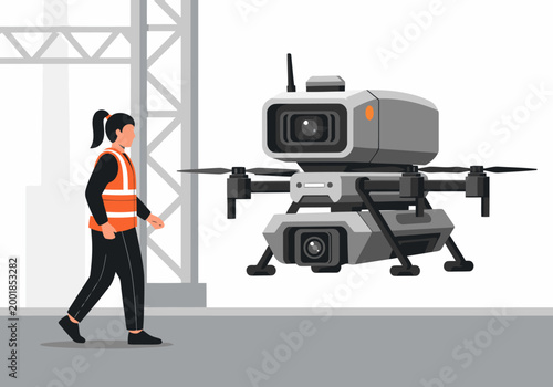 A female professional operates a drone for fire safety inspection, showcasing modern technology and security. Clear composition, bright studio setting.