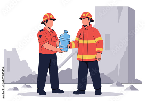 Rescue team provides hydration to survivors amidst rubble. Two firefighters exchange water bottles, symbolizing recovery and support. Dramatic, impactful scene.