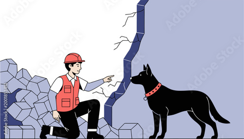 A rescue worker directs a search dog through rubble after a disaster. Dramatic, urgent scene with a focused rescue effort.  High contrast, impactful image.