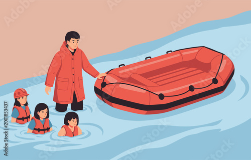 A rescue worker guides a family onto a raft during a flood.  Warm colors, clear composition, emphasizes safety and relief. Suitable for emergency, disaster, and rescue themes.
