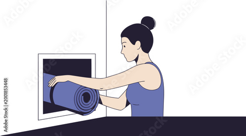 A woman rolls up a yoga mat in a modern gym. Clean lines and a minimalist aesthetic create a sense of wellness and focus. Suitable for health and fitness campaigns.