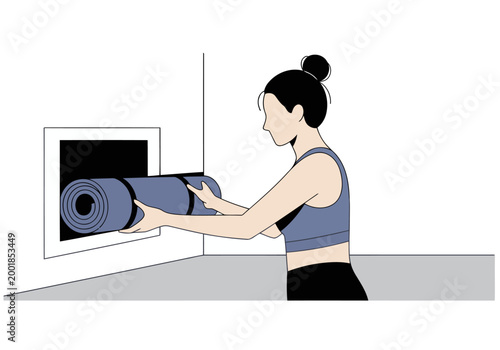 A woman rolls up her yoga mat in a modern gym. Clean lines and a minimalist aesthetic create a calming, wellness-focused image. Suitable for fitness and lifestyle content.