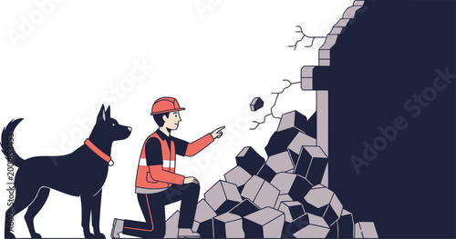 A rescue worker uses a dog to search through rubble after a disaster. Dramatic scene with a focused search and rescue operation. High contrast, detailed illustration.