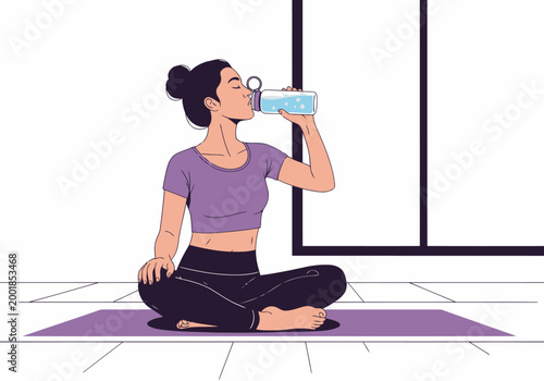 A serene woman hydrates during yoga, promoting wellness and hydration. Clean, modern aesthetic with a focus on health and mindfulness. Ideal for health & wellness content.