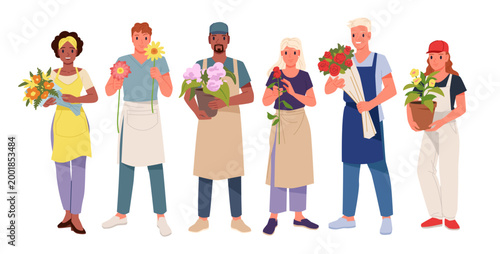 Group of diverse flower sellers standing together, each holding colorful bouquets and potted plants, wearing aprons and casual clothing, isolated on white background vector illustration