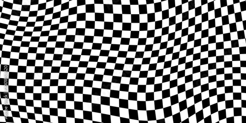 Trippy checkerboard background. Retro psychedelic checkered wallpaper. Wavy groovy chessboard surface. Distorted geometric pattern. Abstract monochrome vector backdrop