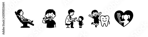 Set of black and white pediatric dental icons showing a child at the dentist, brushing teeth, and a happy tooth character. Ideal for oral hygiene and children's healthcare themes.
