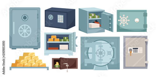 Collection of different safes, vaults, and security boxes with gold bars, cash, and valuables, designed for finance, banking, and security concepts, isolated on white background vector illustration