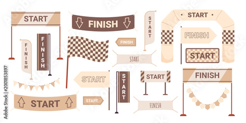 Collection of start and finish line banners, flags, and checkpoints for races, marathons, or competitions, isolated on white background vector illustration