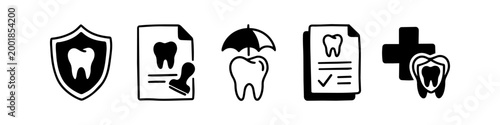 A set of five hand-drawn dental insurance icons in a minimalist black and white doodle style, representing tooth protection, medical contracts, oral health coverage, and clinical reports.