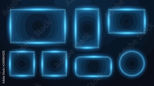 A collection of glowing blue rectangular and circular frames on a dark background for graphic design and presentation purposes