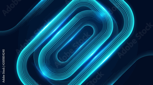 A glowing blue neon loop with multiple layers forms an intricate design on a dark background with wavy lines extending outward
