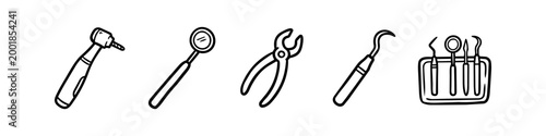 Minimalist set of hand-drawn dental tool icons including a drill, mirror, forceps, and scaler. Black outline doodle style illustration for oral health, dentistry, and medical concepts.