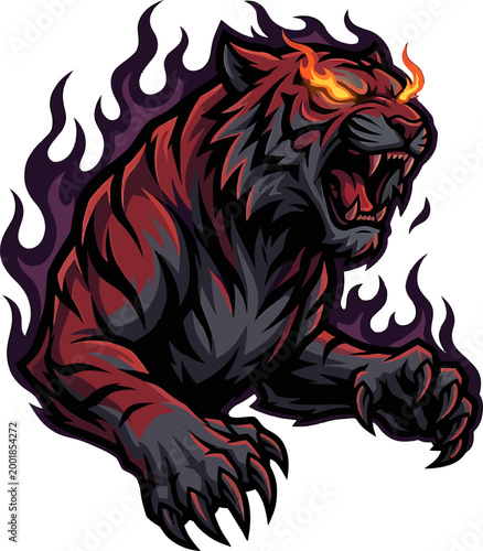 Fierce Fiery Tiger Illustration Roaring With Intense Glowing Eyes and Crimson Flames