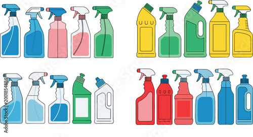Cleaning Product Bottle Collection Featuring Spray Bottles, Detergents, and Household Cleaners for Cleaning, Hygiene, and Domestic Tasks