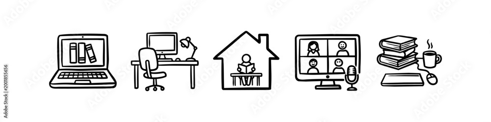 Fototapeta premium Hand-drawn line art icons for remote work and online education. Includes home office, video call, digital library, and study-at-home concepts. Minimalist black and white doodle set.