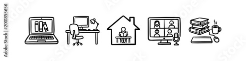 Hand-drawn line art icons for remote work and online education. Includes home office, video call, digital library, and study-at-home concepts. Minimalist black and white doodle set.