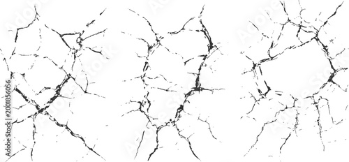 Hand drawn sketch set of shattered broken glass cracks and bullet hole fractures texture vector illustration.