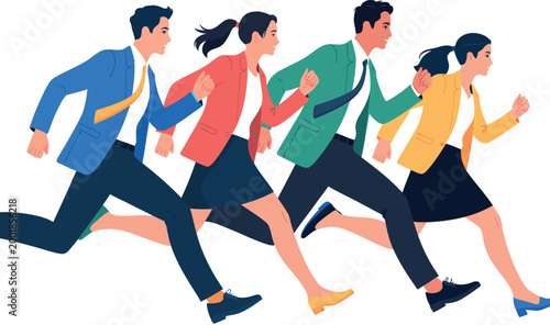 Diverse business team running together in office attire