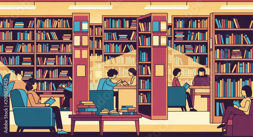 People Reading Books in a Library Interior Scene.