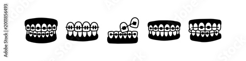Hand-drawn dental icons featuring various orthodontic braces on teeth. Minimalist black and white sketches illustrating different stages of dental alignment and orthodontic treatment.