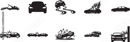 Car accident icon set thin line vector black and white traffic crash warning insurance symbol design.