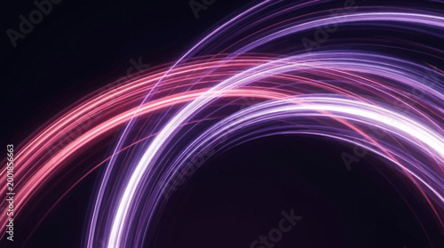 A vibrant display of colorful neon light trails forming an arch shape against a dark background with pink purple and white hues