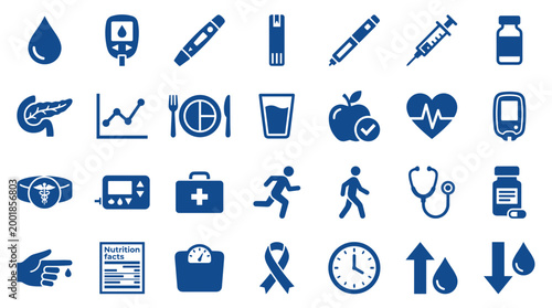 Diabetes care icons set symbolizing health monitoring blood sugar testing medication and healthy lifestyle choices