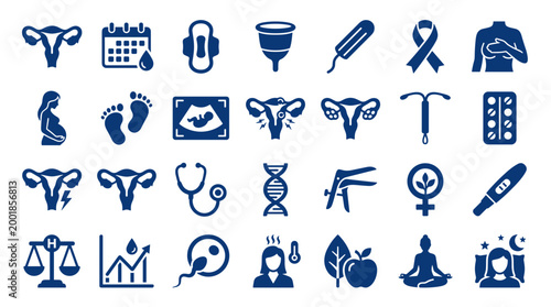 Collection of female health and reproductive icons representing pregnancy, menstruation, fertility, and medical care